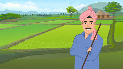 Indian farmer. Village rural character worker in nature exact vector Indian people harvesting in cartoon style - obrazy, fototapety, plakaty