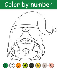 Color by number game for kids. Cute gnome with pot gold coins. St. Patrick's Day coloring book. Printable worksheet with solution for school and preschool. Learning numbers activity.