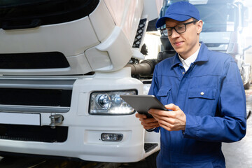 Serviceman with digital tablet on the background of the truck in the garage	