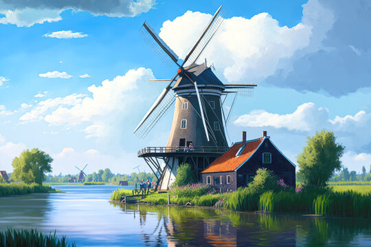 Dutch windmills seen from a barge on the canal, illustration - Generative AI
