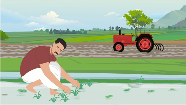 Vector illustration - Agriculture, A tractor plows a field on a farm and the city is far away.