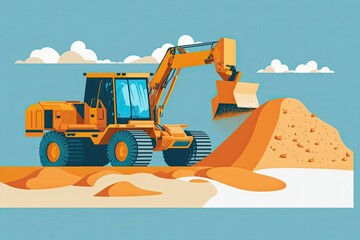 Obraz na płótnie Canvas In opencast mining, an excavator loads sand into a waiting truck. Open pit sand mining with an excavator. Construction sand pit with excavator. Loading dirt into a truck is one of the Earthmover's tas