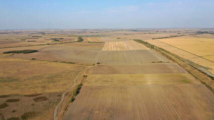A vast, high-angle aerial panoramic view of expansive agricultural plains and cultivated flat farmland stretching out to a distant flat horizon. © Aleksandar