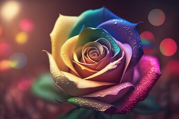 Fototapeta na wymiar Beautiful coloured multicolor bright rose for birthday. Gift, bokeh.
