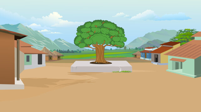 Village farmhouse old Indian rural house. farmer house blue sky green village hut. banyan tree middle of the village