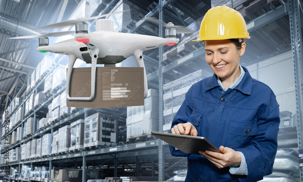Aufkleber woman manager with digital tablet n an automated warehouse with drones