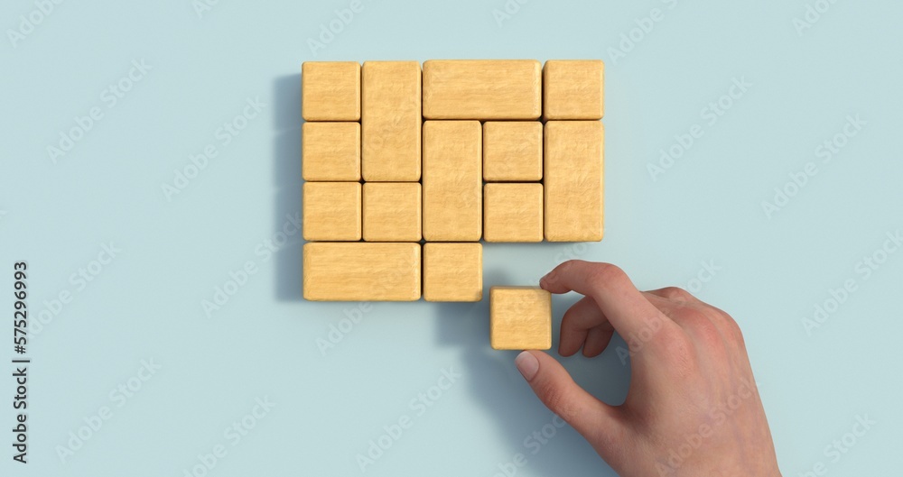 Poster business process management and automation concept with person moving wooden pieces on flowchart dia