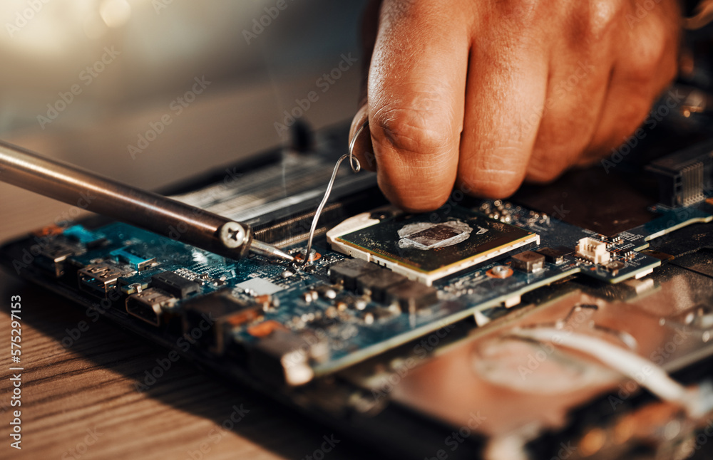 Poster information technology hands, motherboard soldering and man repair hardware circuit, electronics or 