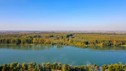 Aerial Drone view of Danube river.
