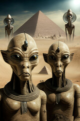 Aliens in front of the pyramids in Egypt AI generated content