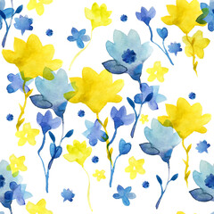 blue and yellow flowers. seamless watercolor pattern. 