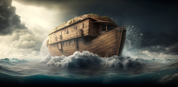 Illustration of Noah's Ark on the stormy sea AI generated content