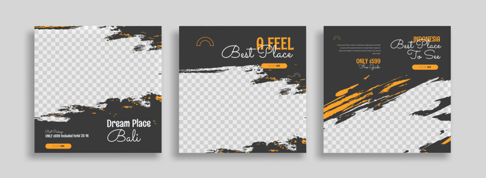 Traveling Bali social media post banner design template with yellow color. travel square web banner design