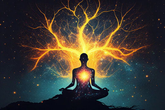 Astral body silhouette in lotus pose practicing yoga against cosmic background. Meditation, connection with other worlds. Spiritual life and esoteric concept. Created with Generative AI