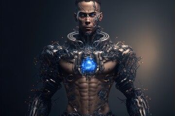 Cyborg of the future. Man with muscular body and robot parts on a white background. Generative AI - obrazy, fototapety, plakaty