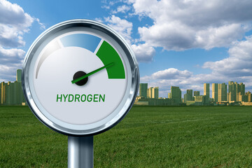 Hydrogen gauge with tree colors - gray, blue and green on a background of ecological city. Green...
