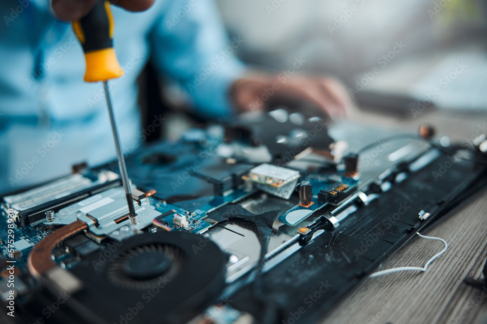 Aufkleber screwdriver, motherboard circuit or information technology man fixing laptop hardware, electronics o