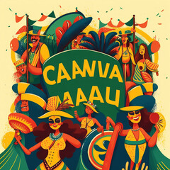 Happy Carnival, Brazil, South America Carnival with samba dancers and musicians. Festival and Circus event design with funny boneless artists, dancers, musicians and clowns.