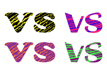 VS icon with color brush stroke texture and distorted typography isolated on white background. Versus sign for blogging, media content, advertising banner, vlog design, poster, stories, ets Vector set