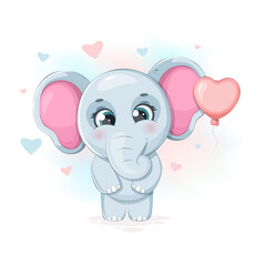 Cute cartooon elephant with a balloon