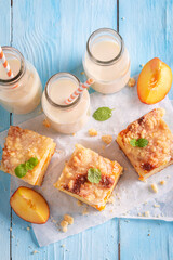 Yummy peach cake as summer snack. Best tastes with milk.