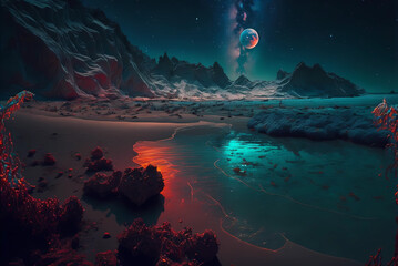 Red and blue reflections on an alien sea, low tide, extraterrestrial planet, digital art, generative AI