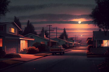 Twilight in a midcentury modern suburban neighborhood. Illustration.