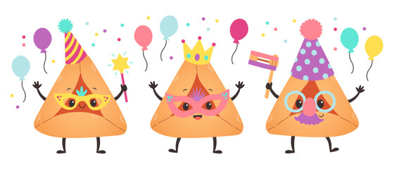 Purim holiday banner design with hamantaschen cookies funny cartoon characters. Happy Purim day
