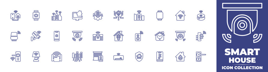 Smart house line icon collection. Editable stroke. Vector illustration. Containing home automation, smartwatch, smart city, desktop computer, home, smart watch, smart home, voice assistant, and more.
