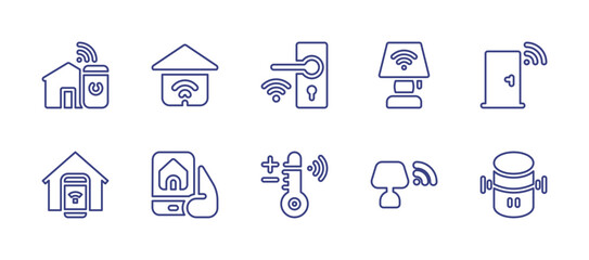 Smart house line icon set. Editable stroke. Vector illustration. Containing smart house, smart home, smart lock, lamp, smart door, smart temperature, smart light, voice assistant