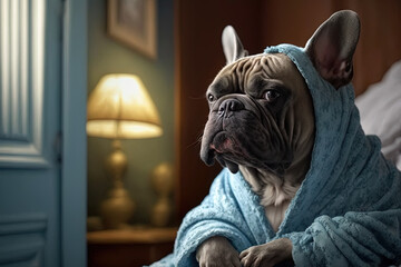 French bulldog in blue bathrobe at home.Generative AI