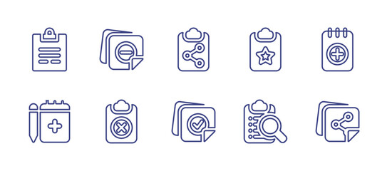 Notes and task line icon set. Editable stroke. Vector illustration. Containing clipboard, sticky notes, notes, note