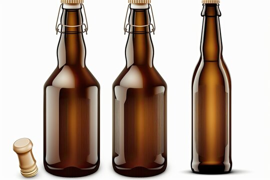 Beer bottle, template illustration of a brown glass bottle, isolated on a white backdrop. Dark liquor bottles to hold soft drinks, beer, or wine. Authentic looking abber jar, complete with stopper and