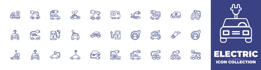 Electric line icon collection. Editable stroke. Vector illustration. Containing truck, car, car battery, eco car, electric car, electric transport, electric charge, charging station, plug, and more.