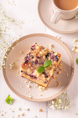 Tasty yeast cake as summer dessert with coffee..