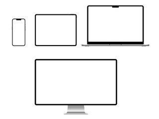 A set of isolated smart devices with blank screen: smartphone, tablet, laptop and desktop. Stock royalty free PNG illustration