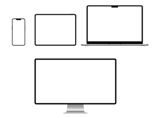 A set of isolated smart devices with blank screen: smartphone, tablet, laptop and desktop. Stock royalty free PNG illustration