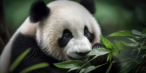 Adorable Panda Eating Bamboo with Black and White Fur and Cute Face (created with Generative AI)