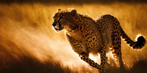 Graceful Cheetah's Full Stride in Warm Golden Sunlight Across Savannah (created with Generative AI)