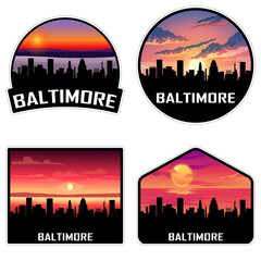 Baltimore Maryland USA Skyline Silhouette Retro Vintage Sunset Baltimore Lover Travel Souvenir Sticker Vector Illustration SVG EPS AI