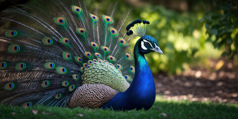 Fototapeta premium Proud Peacock Displaying Iridescent Plumage with Regal Elegance (created with Generative AI)