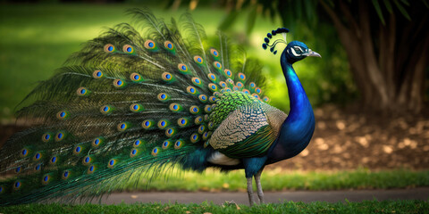 Obraz premium Proud Peacock Displaying Iridescent Plumage with Regal Elegance (created with Generative AI)