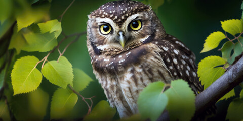 Fototapeta premium Watchful Owl Perched on Branch with Sharp Talons and Intense Eyes (created with Generative AI)