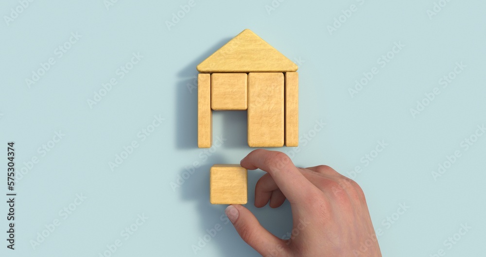 Poster business process management and automation concept with person moving wooden pieces on flowchart dia