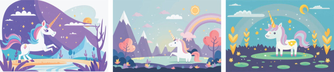 Obraz na płótnie Canvas Magical Vector Illustration of a Cute Unicorn Amidst a Stunning Nature Background, Featuring Lush Greenery, Trees, and Glittering Stars Perfect for Fantasy-Themed Designs, Children's Books, and Dream