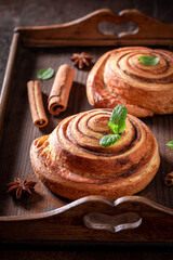 Fresh and traditionally cinnamon rolls made of cinnamon and butter.