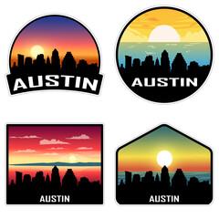 Austin Texas USA Skyline Silhouette Retro Vintage Sunset Austin Lover Travel Souvenir Sticker Vector Illustration SVG EPS AI
