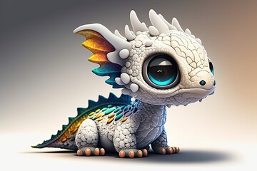 There's a cute little dragon here. Vividly colored and computer generated to resemble contemporary animation. Chibi dragon hatchling in its native environment, all realistic scales and big eyes