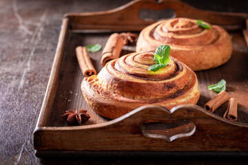 Tasty and sweet cinnamon rolls with sugar and cinnamon.