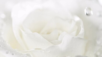 Super slow motion of falling drops of water on white rose blossom. Filmed on high speed cinema camera. - Powered by Adobe